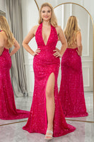Load image into Gallery viewer, Fuchsia Mermaid Halter Neck Backless Sequin Prom Dress With Slit