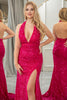 Load image into Gallery viewer, Fuchsia Mermaid Halter Neck Backless Sequin Prom Dress With Slit
