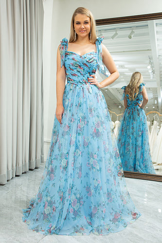 A-line Blue Printed Off The Shoulder Prom Dress