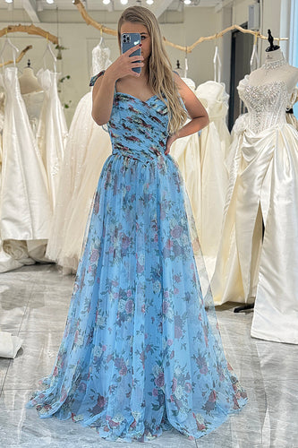 Blue Printed A-line Off The Shoulder Prom Dress