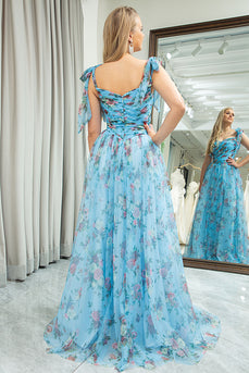 A-line Blue Printed Off The Shoulder Prom Dress