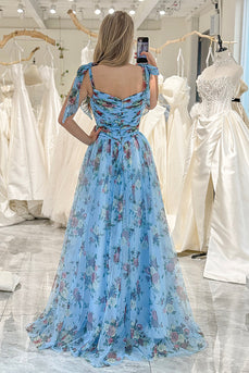 Blue Printed A-line Off The Shoulder Prom Dress