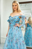 Load image into Gallery viewer, A-line Blue Printed Off The Shoulder Prom Dress