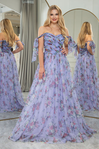 Lavendar Printed A-line Off The Shoulder Prom Dress