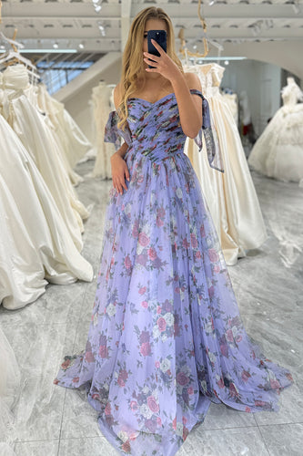 A-line Lavendar Printed Off The Shoulder Prom Dress