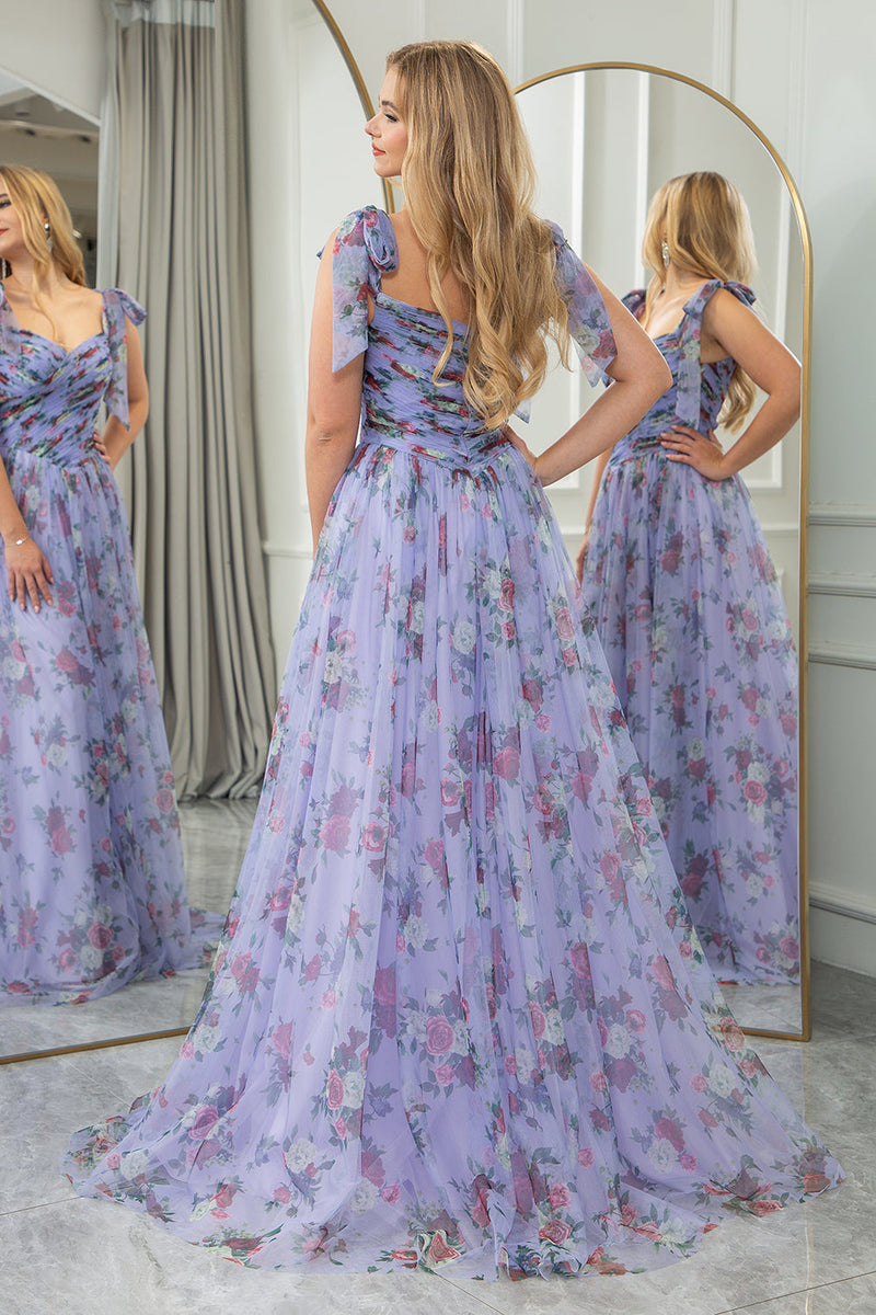 Load image into Gallery viewer, Blue Printed A-line Off The Shoulder Prom Dress