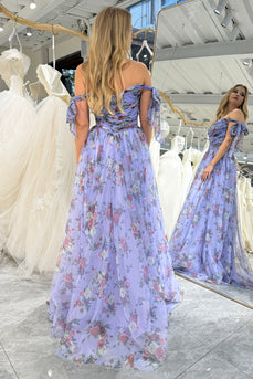 A-line Lavendar Printed Off The Shoulder Prom Dress