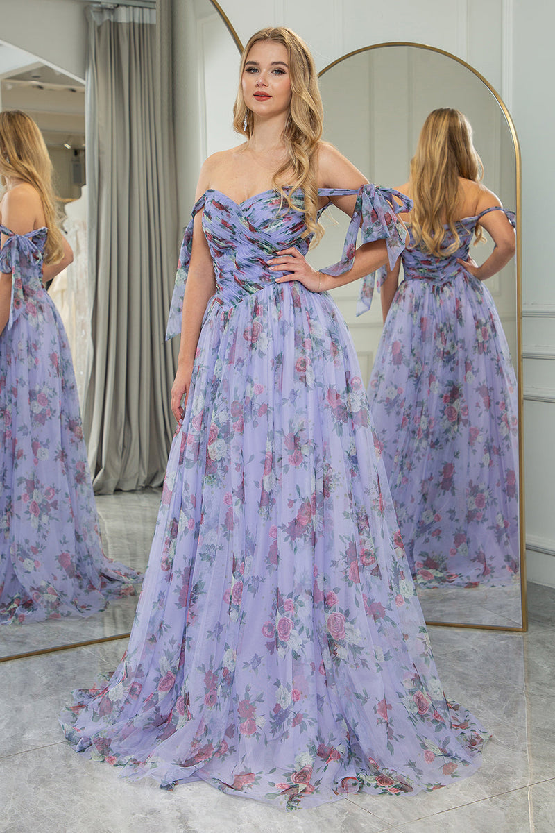 Load image into Gallery viewer, Blue Printed A-line Off The Shoulder Prom Dress