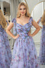 Load image into Gallery viewer, Blue Printed A-line Off The Shoulder Prom Dress