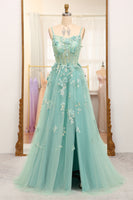 Load image into Gallery viewer, Green A-Line Spaghetti Straps Tulle Long Prom Dress with Appliques