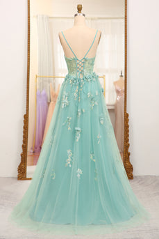 Green A-Line Spaghetti Straps Tulle Long Prom Dress with Appliques
