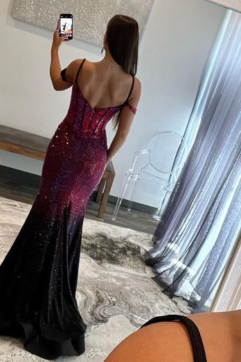 Mermaid Cold Shoulder Sparkly Navy Long Prom Dress with Slit