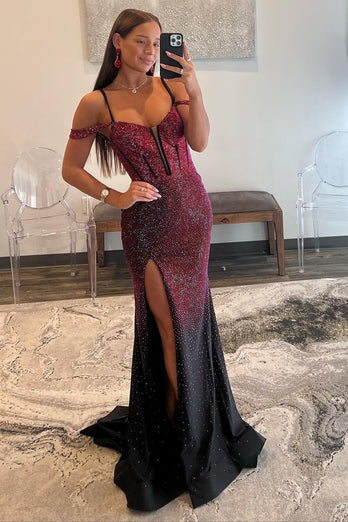 Mermaid Cold Shoulder Sparkly Navy Long Prom Dress with Slit