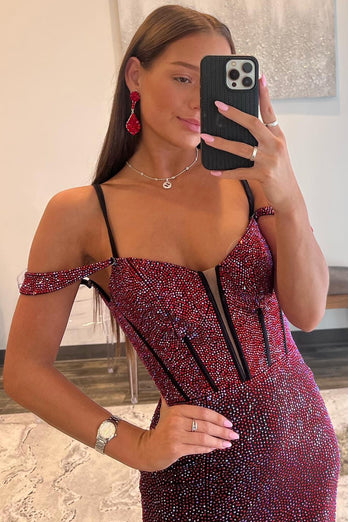 Mermaid Cold Shoulder Sparkly Navy Long Prom Dress with Slit