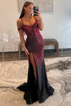 Mermaid Cold Shoulder Sparkly Navy Long Prom Dress with Slit