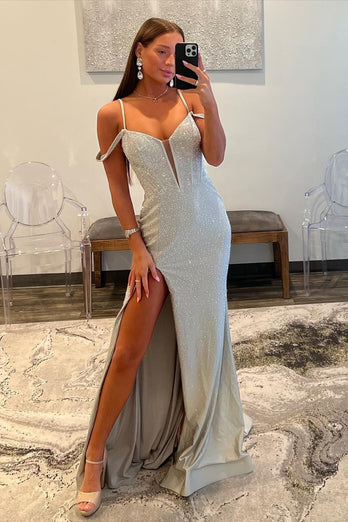 Mermaid Cold Shoulder Sparkly Navy Long Prom Dress with Slit