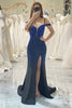 Load image into Gallery viewer, Sparkly Navy Mermaid Cold Shoulder Long Prom Dress with Slit