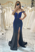 Load image into Gallery viewer, Sparkly Navy Mermaid Cold Shoulder Long Prom Dress with Slit