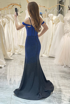 Sparkly Navy Mermaid Cold Shoulder Long Prom Dress with Slit