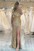 Load image into Gallery viewer, Sparkly Golden Mermaid One Shoulder Long Prom Dress With Slit