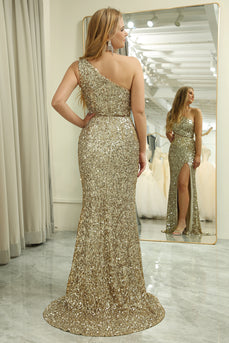 Sparkly Mermaid Golden One Shoulder Sequin Long Prom Dress With Slit