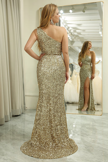Sparkly Mermaid Golden One Shoulder Sequin Long Prom Dress With Slit