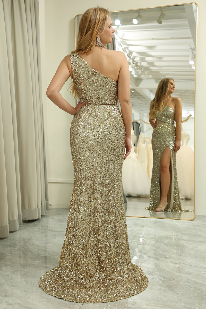 Load image into Gallery viewer, Sparkly Mermaid Golden One Shoulder Sequin Long Prom Dress With Slit
