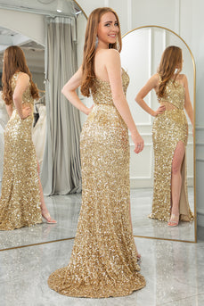 Sparkly Mermaid Golden One Shoulder Long Prom Dress With Slit