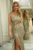 Load image into Gallery viewer, Sparkly Mermaid Golden One Shoulder Sequin Long Prom Dress With Slit