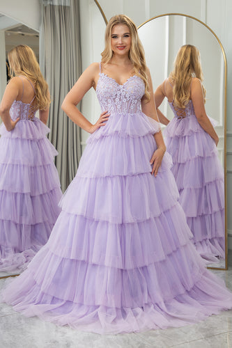 Lilac A-line Spaghetti Straps Tiered Prom Dress with Appliques