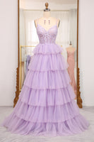 Load image into Gallery viewer, A-line Lilac Spaghetti Straps Tiered Prom Dress with Appliques