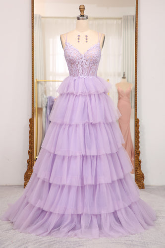 A-line Lilac Spaghetti Straps Tiered Prom Dress with Appliques