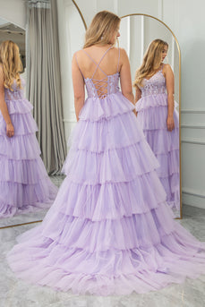 Lilac A-line Spaghetti Straps Tiered Prom Dress with Appliques