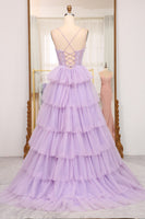 Load image into Gallery viewer, A-line Lilac Spaghetti Straps Tiered Prom Dress with Appliques
