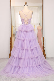 A-line Lilac Spaghetti Straps Tiered Prom Dress with Appliques