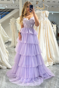 A-line Lilac Spaghetti Straps Tiered Long Prom Dress with Appliques