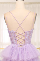 Load image into Gallery viewer, A-line Lilac Spaghetti Straps Tiered Prom Dress with Appliques