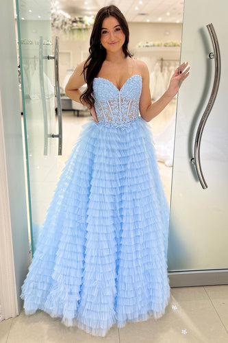 A-line Blue Strapless Tiered Corset Prom Dress with Appliques