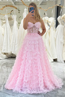 Load image into Gallery viewer, Pink A-line Strapless Tiered Corset Prom Dress with Appliques