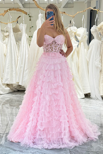 Pink A-line Strapless Tiered Corset Prom Dress with Appliques