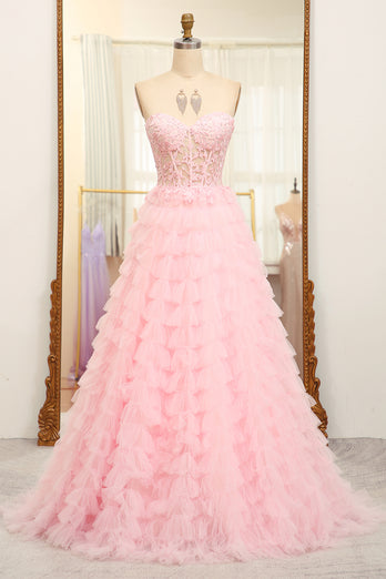 A-line Pink Strapless Tiered Corset Prom Dress with Appliques