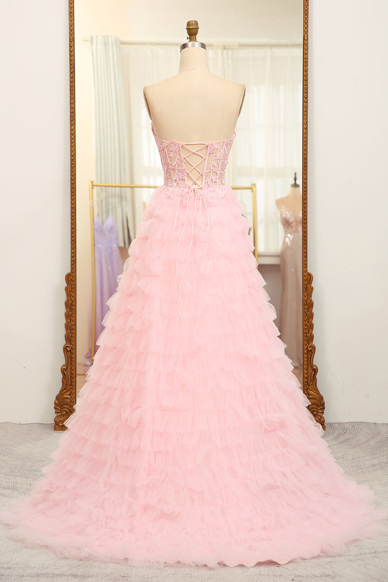 Load image into Gallery viewer, A-line Pink Strapless Tiered Corset Prom Dress with Appliques
