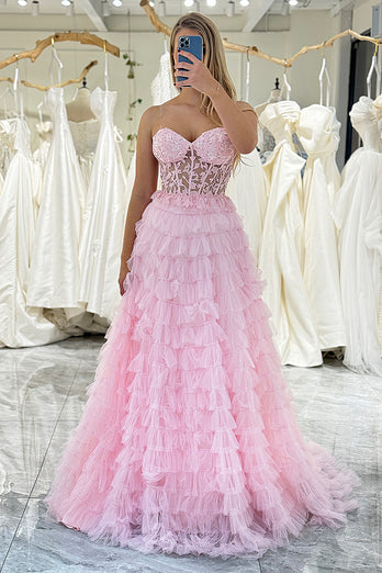 Pink A-line Strapless Tiered Corset Prom Dress with Appliques