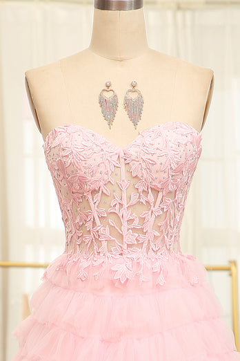 A-line Pink Strapless Tiered Corset Prom Dress with Appliques
