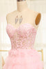 Load image into Gallery viewer, A-line Pink Strapless Tiered Corset Prom Dress with Appliques