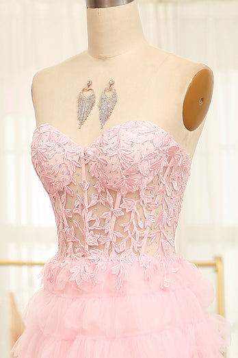 A-line Pink Strapless Tiered Corset Prom Dress with Appliques