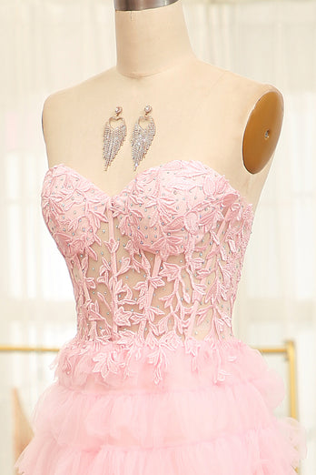A-line Pink Strapless Tiered Corset Prom Dress with Appliques