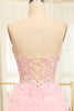 Load image into Gallery viewer, A-line Pink Strapless Tiered Corset Prom Dress with Appliques