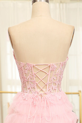 A-line Pink Strapless Tiered Corset Prom Dress with Appliques