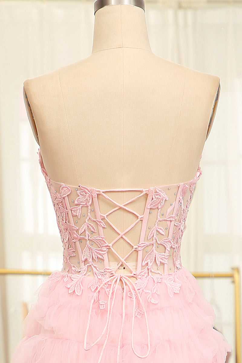 Load image into Gallery viewer, A-line Pink Strapless Tiered Corset Prom Dress with Appliques